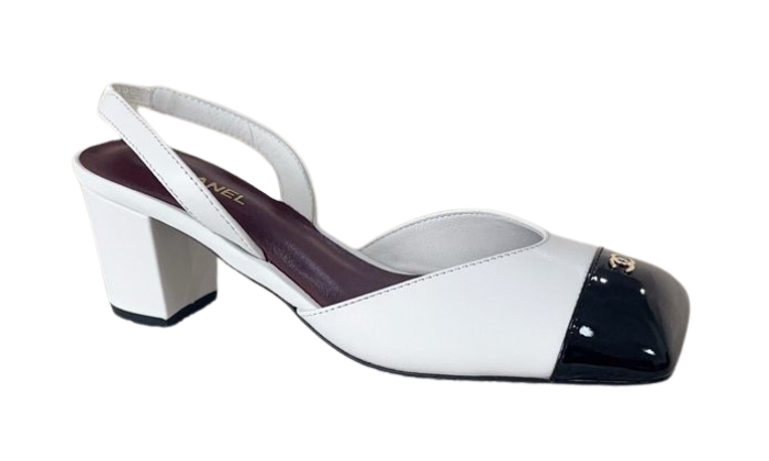 Slingback In Pelle Bianca E Nera Con Tacco Blocco